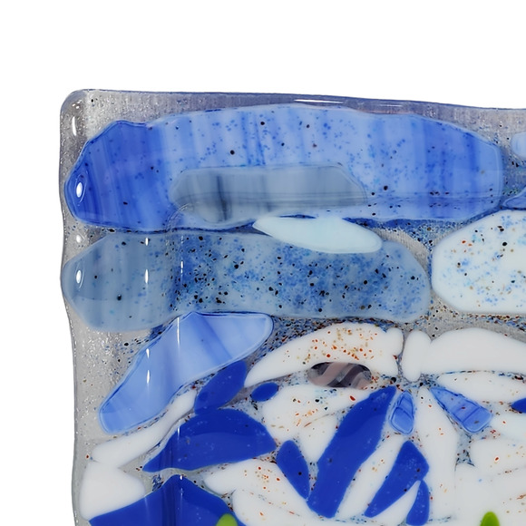 Fused Glass Plate Square 7.5x7.5" Mountain‎ Lake Trees Clouds Blue Green White - Picture 2 of 10